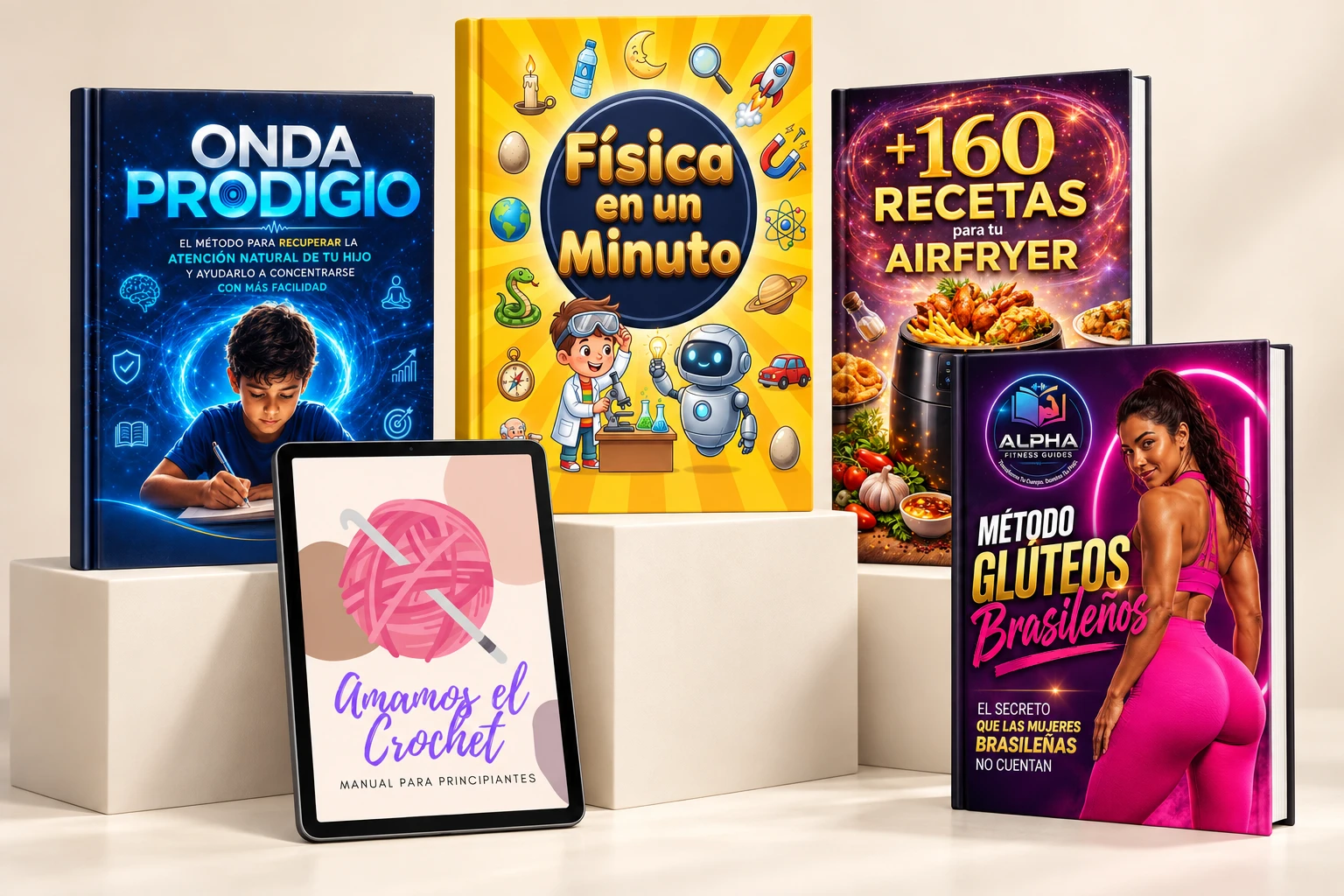 Mockups de Física en un Minuto, Recetas para tu Airfryer, Amamos el Crochet, Onda Prodigio y Método Glúteos Brasileños